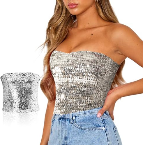 UILYNIU Top da Donna con Paillette, Elegante Senza Maniche Canottiere da Club per Discoteca Feste, Senza Spalline Crop Top per Donne e Ragazze (IT, Testo, Taglia Unica, Regular, Regular, Argento)