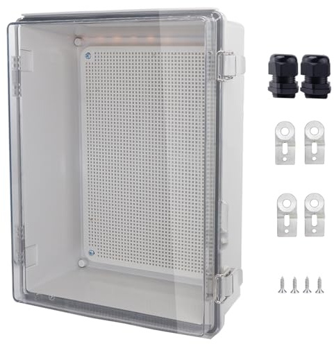 IP67 Waterproof Junction Box, ABS Plastic Electrical Enclosure with Stainless Steel Latch, Hinged Cover Electric Box with Mounting Plate, Wall Brackets & Cable Glands 380x280x130mm