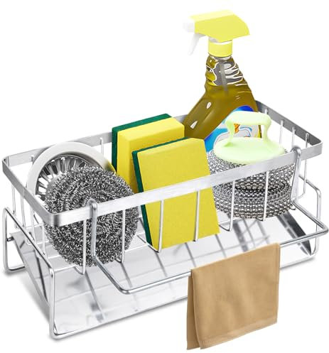 Kitchen Sink Caddy Organiser Silver Stainless Steel Sponge Holder with Dishcloth Holder, Kitchen Tidy Sink Organizer,Washing Up Caddy for Bathroom Accessories