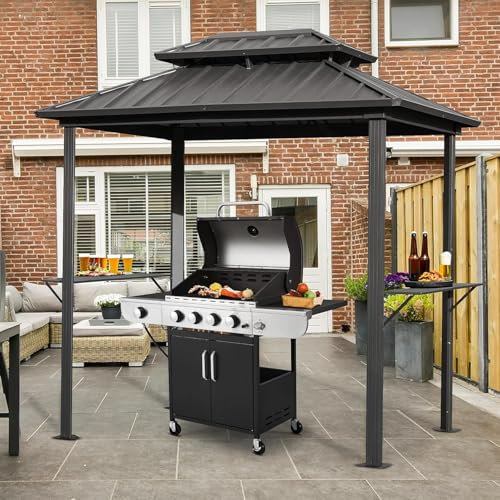 EROMMY BBQ Gazebo 2.4x1.8m,Permanent Grill Shelter,Hardtop Barbecue Canopy,with Galvanized Steel Double Roof,with 2 Side Shelves and Ceiling Hook,Outdoor for Garden Backyard Lawn Decking or Patio
