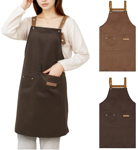 2 Piezas Delantal Cocina para Hombres y Mujeres, Delantales Chef, Mandil Camarero Ajustable, Mandiles Hosteleria Barbacoa Lona con 3 Bolsillos para Hornear, Jardinería (Marrón Claro+Marrón Oscuro)