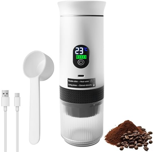 Tragbare Espressomaschine, 3-in-1 Akku Kaffeemaschine Akku-20Bar-80ml-Digitalanzeige Camping Kaffeemaschine für gemahlenen Kaffee NS-Kapseln, Auto Reisekaffeemaschine, Schnelles Selbsterhitzung Weiß