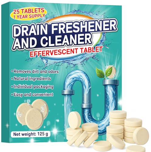 Drain Cleaner for Bad Smells,25 Tablets Foaming Drain Odour Remover for Kitchen and Bathroom, Drain and Sink Eliminator Tablets, Septic-Safe, Septic Tank Safe