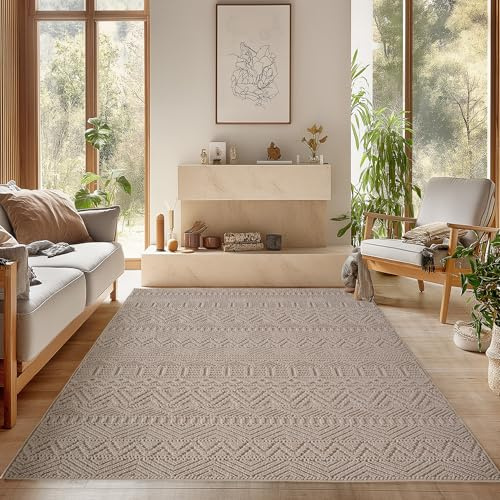 SIMPEX Teppich 200x290 cm Beige Vintage Design Bouclé Schlingenflor Skandi Stil Modern Weich Strapazierfähig Pflegeleicht großer Teppich für Wohnzimmer Esszimmer Schlafzimmer