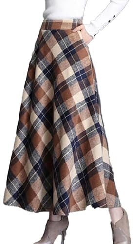 Jupe longue plissée en laine à carreaux pour femme - Taille élastique - Jupe tartan d'hiver décontractée - Longueur genou