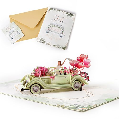 Satiskid Pop-Up Karte Hochzeit mit Hochzeitsauto, 3D Hochzeitskarte Just Married Oldtimer Design, Romantische Glückwunschkarte zur Hochzeit für Brautpaar, Geldgeschenk Karte mit Blumenmotiv (grün)