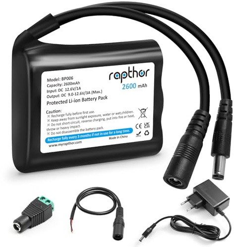 Rapthor Rechargeable 12 V 2600 mAh lithium-ion battery with charger, compatible with 12 V devices, DIY projects, radios, fishing lamps, LED light bars and surveillance cameras