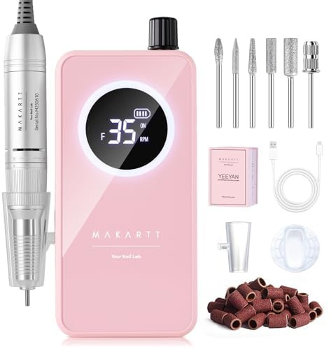Makartt Nail Drill Pink Rechargeable 35000 RPM for Acrylic & Gel | Professional Electric File, Quiet & Lightweight, For Acrylic, Gel & Dip Powder, Ideal for Salon & Home, Great for Beginners