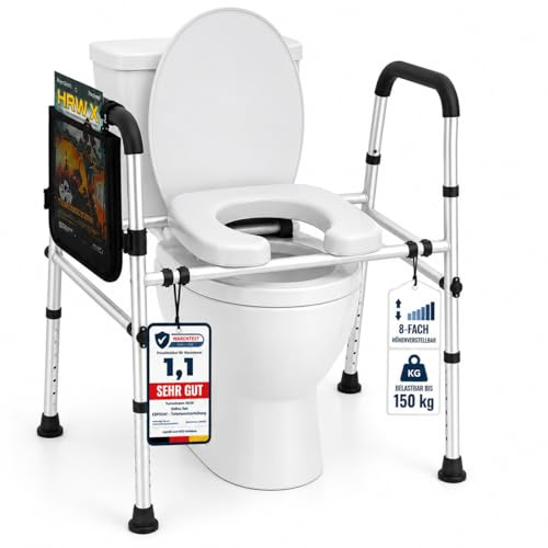 Toilettensitzerhöhung mit Griffen WC-Sitzerhöhung mit Aufstehhilfe 8-fach höhenverstellbar breitenverstellbarer erhöhter Toilettensitz stabiler Toilettenerhöhung, mit deutscher Anleitung