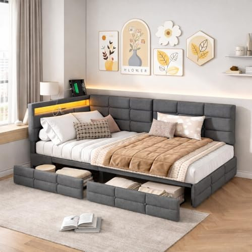 Hoscullo Polsterbett Schlafsofa 90x200 cm, Einzelbett Tagesbett mit LED und USB, Sofabett mit 2 Schubladen, Jugendbett mit Stauraum und Lattenrost, Leinen (Grau)