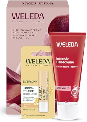 WELEDA Bio SOFT TOUCH Everon Lippenpflege & Intensiv Handcreme Geschenkset | Naturkosmetik Geschenk Pflege Set für trockene Hände & Lippen – Granatapfel Handpflege Creme & Everon Lippenbalsam