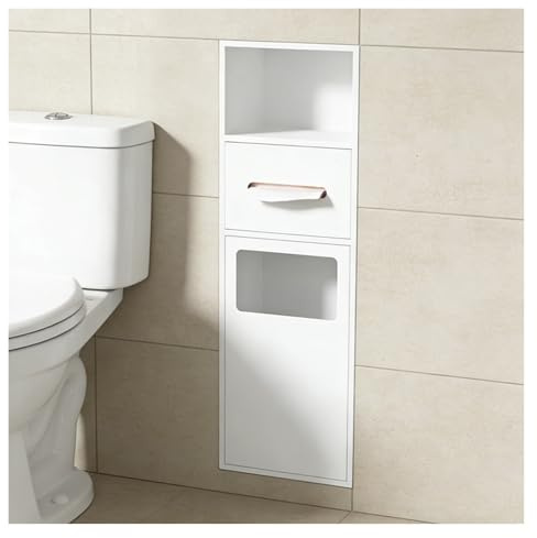 Niche pour Poubelle encastrée en Acier Inoxydable Niche de Salle de Bain Encastrée 3 en 1, Organisateur en Acier Inoxydable avec Étagère de Rangement, Porte-Papier Toilette Et Poubelle(White)