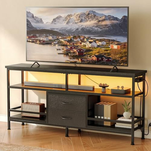 CO-Z 140 cm Mobile TV per 43-65 Pollici TV con Luci LED RGB Controllate da App e Prese di Corrente Rimovibile, Mobile Porta TV con Cassetti e Ripiani Aperti per Soggiorno, Camera da Letto (Nero)