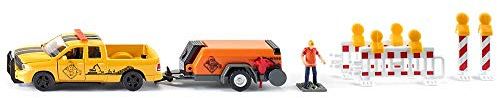 siku 3505, RAM 1500 Pick-up mit Kompressoranhänger, Schranken und Figur, 1:50, Metall/Kunststoff, Gelb/Orange, Inkl. Spielfigur und Absperrungen