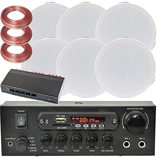 3 Zone Bluetooth Ceiling Music Kit – 110W Stereo Amplifier & 6x 4” Low Profile HiFi Flush Speakers – Stereo Wireless Background Sound System – Multi Zoning Audio