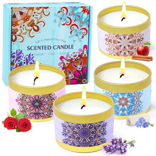 Scent-Hi Duftkerzen Geschenkset, Sojawachs Kerze in Dose für Aromatherapie - Leinen, Apfel Zimt, Lavendel & Vanille, Rose & Sandelholz, 4 x 70g