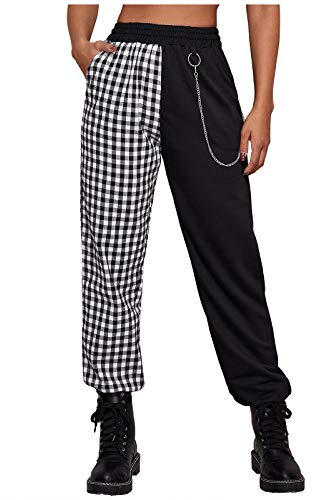 Sisifa Damen Beiläufig Hohe Taille Gotisch Kette Jogger Cargohose Lose Trainingshose Patchwork Camo Plaid Hose