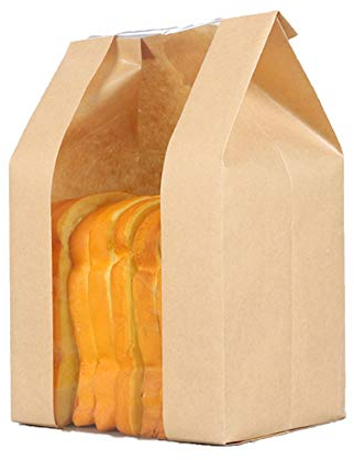 Pack of 50Paper Bread Loaf Bag Kraft Food Packaging Storage Bakery Bag with Front Window, Label Seal Sticker Included (12.5'' X 8.26'' X 3.93'') (yellow)