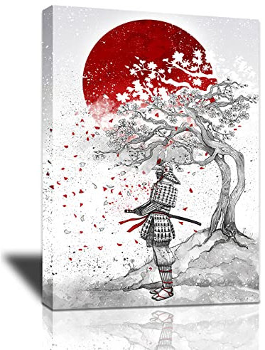 Japanische Samurai-Wandkunst, Krieger, schwarz-weiß, Leinwanddruck, japanische Kultur, Gemälde, Wanddekoration, gerahmt, Kunstwerk, moderne Heimdekoration für Büro, fertig zum Aufhängen, 40.6x30.5 cm