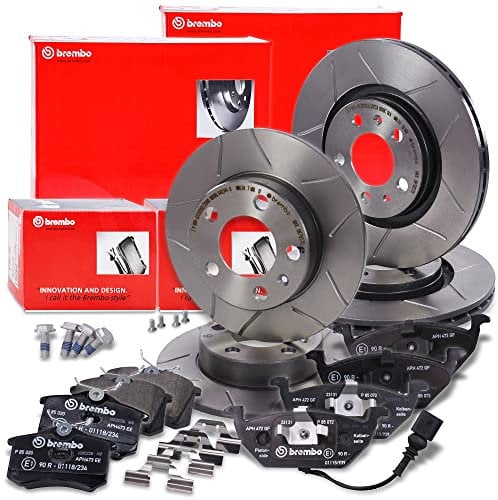 BREMBO Bremsenset inkl Sport-Bremsscheiben Vorne Ø 280 mm Belüftet + Hinten Ø 230 mm Geschlitzt & Voll + Bremsbeläge Vorne und Hinten + Verschleißkontakt