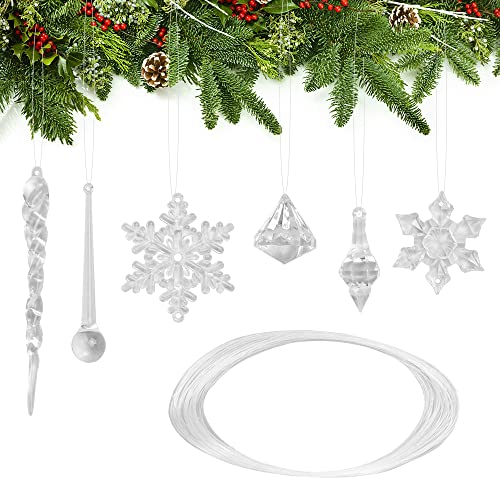 SNAGAROG 68 Stück Schneeflocken Eiszapfen Weihnachtsschmuck Acryl Eiszapfen Schneeflocke Anhänger mit 30 m Draht Transparente Eiszapfen Ornament für Weihnachtsschmuck