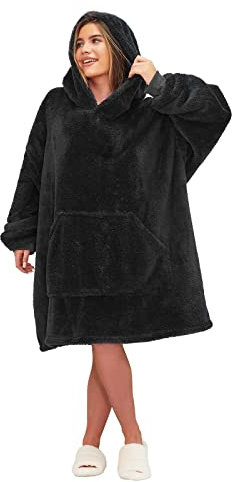 Brentfords Teddy Fleece Oversized Hoodie Blanket Wearable Soft Warm Cosy Thermal Throw Blanket Hoodie Childrens, One Size, Black - Adults