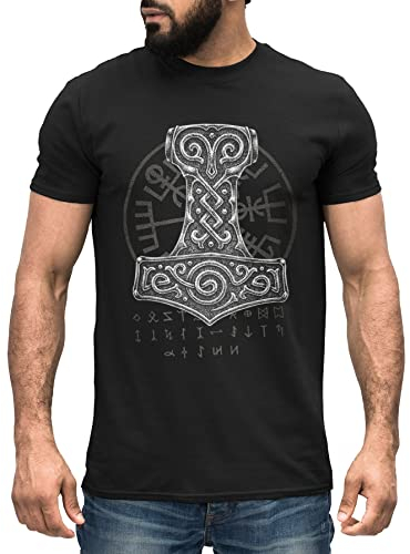 Neverless® Herren T-Shirt Thor Hammer Wikinger Runen Kompass Vegvisir nordische Mythologie schwarz XXL