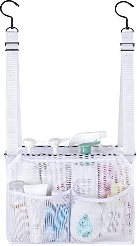 GUMQDD 4 tasche portaoggetti regolabili in rete da appendere, per bagno, doccia, università, con ganci, per dormitori, palestra, nuoto e viaggi in camper (bianco)