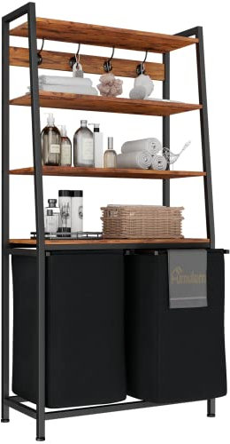 Furnulem 4 Tiers Laundry Hamper with Shelf and Hooks, Tall Laundry Basket Sorter with 2 Removable Laundry Bags, Ladder Shelves with Clothes Hamper for Laundry Room Bathroom Bedroom