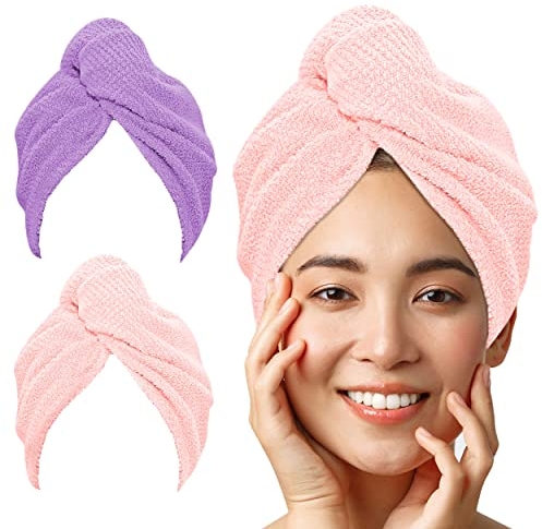 LUXTOGO® Haarturban-Premium Haarhandtuch 100% Baumwolle, Hochwertiges Turban Handtuch mit Knopf und Gummizug, Super Saugfähiges Kopfhandtuch (2 STK Lila+Rosa Karo)