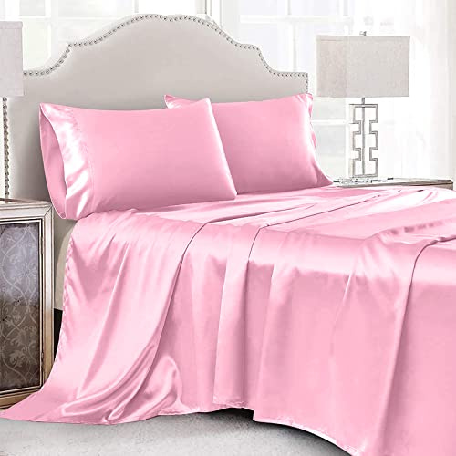 Cobedzy 3-teiliges rosa Satin-Bettwäsche-Set für Doppelbett, luxuriöses seidiges Satin-Bettwäsche-Set mit 1 tiefen Spannbettlaken, 1 weichem Bettlaken, 1 Kissenbezug