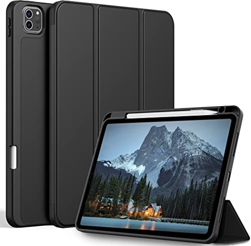 EasyAcc Hülle Kompatibel mit iPad Pro 11 Zoll 2022/2021/2020/2018 mit Stifthalter, Unterstützt 2. Gen Pencil, TPU Flexible Rückseite mit Auto aufwachen/Schlaf Funktion - Schwarz
