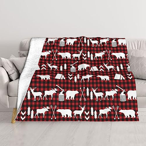Buffalo Plaid Woodland Christmas Printed Throw Blanket Super Soft Warm Throw Blanket Sofa Reversible Fuzzy Blanket for Bed Sofa Couch