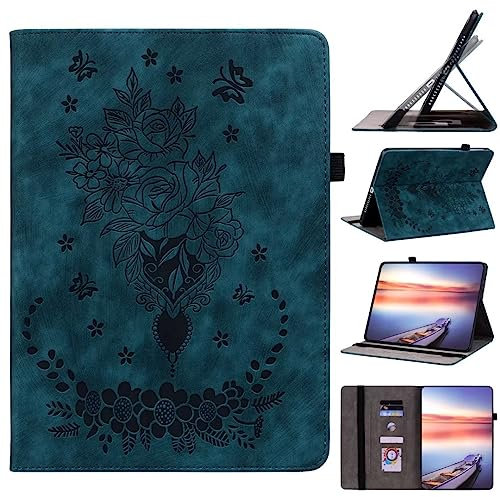 Ufgoszvp Premium PU Leather Butterfly Flower Shockproof Multi-Angles Stand Slim Fit Lightweight Case for Kindle Fire HD 10 (7th/9th Gen 2017/2019), Blue