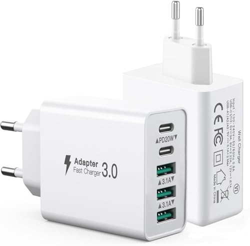 [2 Pack] Caricabatterie USB C 50W multiplo, Alimentatore USB a 5 Porte [2USBC+2USBA], Caricatore da muro Ricarica rapida PD20W compatibile con iPhone 11/12/13/14/15/16/Galaxy S21/S22/S23/Tablet