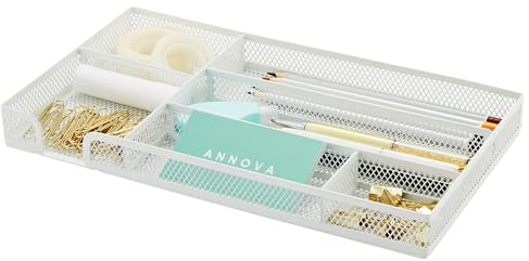 Annova Desk Drawer Organizer Tray for Office Organization - Metal Mesh - Storage Tray with Dividers for Pens, Desktop Accessories, Bathroom, Kitchen, Makeup and Office Supplies (White)