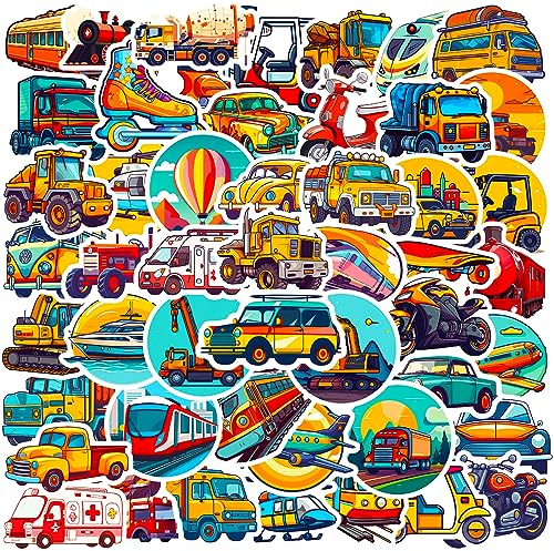 Mistree 50 Kinder Fahrzeuge Sticker, 5 CM, Sticker Fahrzeug Wasserfest für Jungs