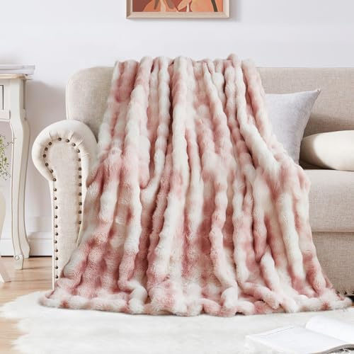SHANNA Couverture en polaire, fausse fourrure de lapin, moelleuse et chaude, polyvalente, 1 000 g/m² d'épaisseur, 130 x 160 cm, rose (Tie Dye Pink)