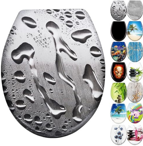 JNGLGO Tapa de inodoro con dispositivo de descenso automático, antibacteriano, con tapa de inodoro, ovalada, Duroplast para fácil limpieza, gotas de rocío