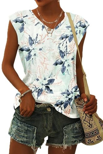 WNEEDU Women Tops Summer T-Shirts for Women UK V Neck Cap Sleeve Ladies Summer Tank Tops Blouses White Green Flowers M