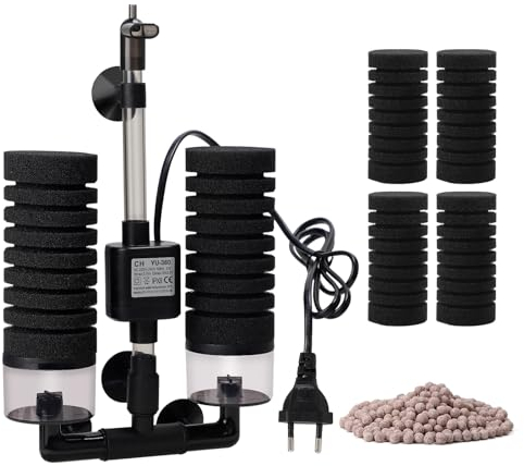 SWAWIS Schwammfilter Aquarium mit 2 Paar Ersatzschwämmen, Leise Schaumfilte mit Filterkugel, Elektrischer Aquarium Filter für Biologische und Mechanische Filterung Sauerstoffanreicherung(M)