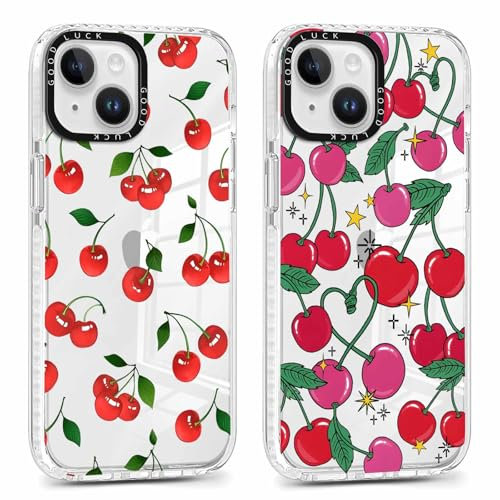 Foonary 2 Pack Transparent Phone Case Compatible with iPhone 14 Plus 6.7, Slim Fit Soft Silicone with Cherry Design Aesthetics Pattern, Shockproof Bumper Protector Matte Cover for iPhone 14 Plus