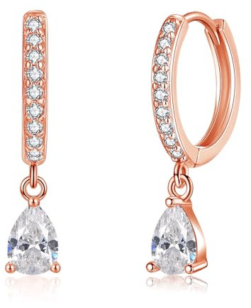 Loutade Rose Gold Hoop Earrings for Women, 925 Sterling Silver Drop Hoop Earrings with CZ Teardrop Dangle, Hypoallergenic Small Cartilage Sleeper Rose Gold Earrings Jewelry for Birthday Mother Day