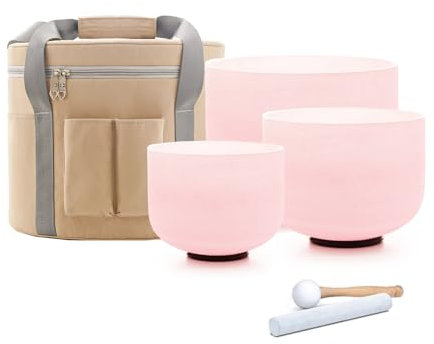Hye-eun Pink Crystal Singing Bowls Set, 432hz 8G 10F 12C 3pcs Frosted Quartz Chakra Sound Bowl with Beige Carrying Case for Sound Healing Yoga Meditation