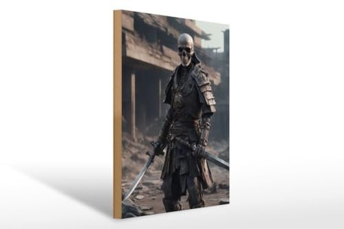 DekoNo7 Holzschild 30 x 40 x 1cm Fantasy & Anime: Post Apokalyptischer Samurai Skelett