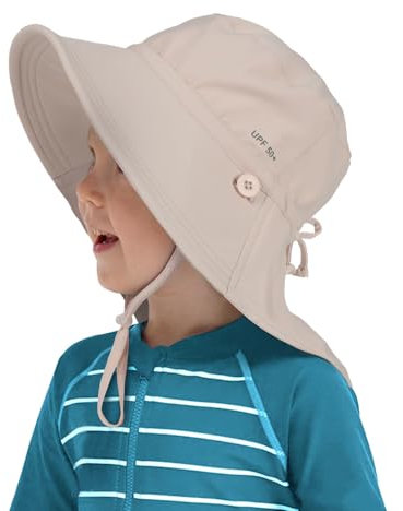 Creekstone Kleinkinder Sonnenhut mit Nackenschutz, LSF 50+, UV-Schutz Cap, Breite Krempe, Umkehrbar Sommer-Strandhut für Mädchen und Jungen (DE/NL/SE/PL, Alter, 3 Jahre, 5 Jahre, Beige)