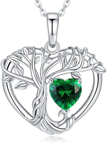 LOCIBLO Tree of Life Necklaces for Women 925 Sterling Silver Heart Pendant White Gold Green Synthetic Emerald Necklace May Birthstone Jewellery for Her, 18+2