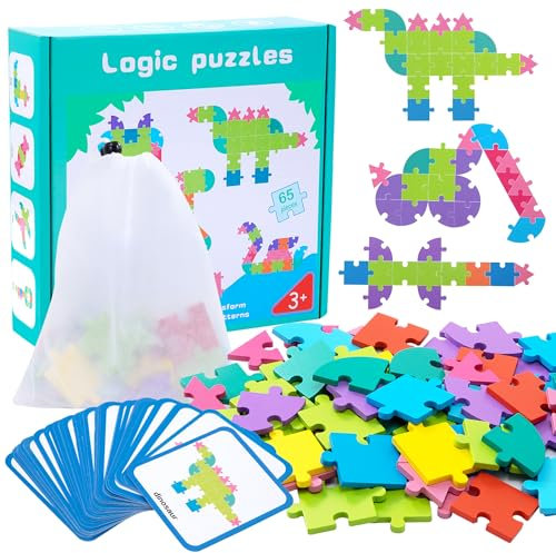 Hölz Tangram Puzzle für Kinder, 65 Teile Formen Holzpuzzles, Montessori Spielzeug Puzzle Fördert logisches Denken und räumliche Vorstellungskraft, Lernspiele für Jungen Mädchen ab 3 Jahre