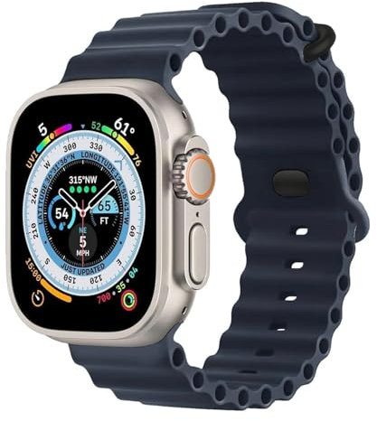 MroTech Cinturino in silicone Ocean, compatibile con Apple Watch Ultra2/Ultra 49 mm, 46 mm, 45 mm, 44 mm, 42 mm, cinturino di ricambio Soft Sport per iWatch Serie 10 9 8 7 6 5 4 3 2 1 SE SE2, blu/nero