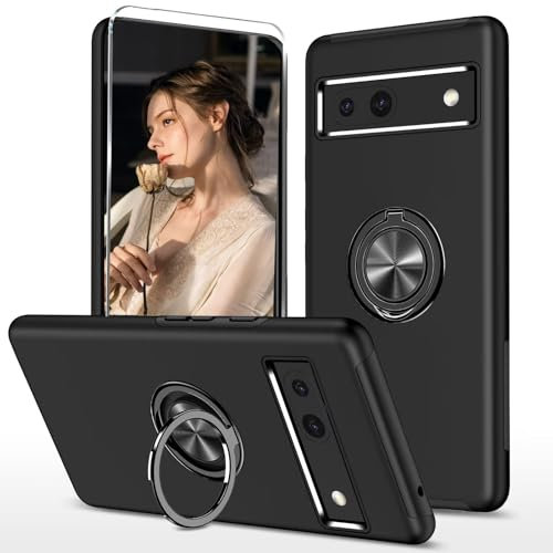 HAONANDE Dünn Handyhülle für Google Pixel 7A mit Ring Halter, Militär Stoßfest mit Unsichtbare Magnetischer Ständer Schutzhülle, 1 Panzerglas Schutzfolie, Harte PC Armor Case,Schwarz